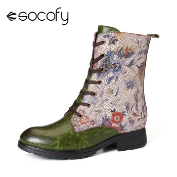 SOCOFY Flori de Primavara Imagine Reală Plat din Piele Dantela Sus cu Fermoar Cizme Scurte Elegante, Pantofi Femei, Pantofi Botas Mujer 2020