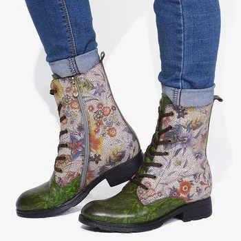 SOCOFY Flori de Primavara Imagine Reală Plat din Piele Dantela Sus cu Fermoar Cizme Scurte Elegante, Pantofi Femei, Pantofi Botas Mujer 2020