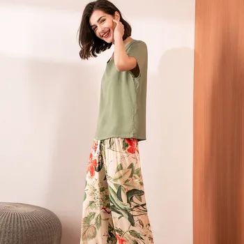Vară Două Piese Set de Pijama pentru Femei din Bumbac Confortabil Vascoza Pijama Maneci Scurte Topuri cu Pantaloni Lungi Femei Lenjerie Sexy