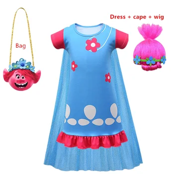 Fetele Sac+Wig +set rochie Copii Costume Pentru Fete Carnaval Copii Costume Rochie de Troli Haine de Mac Petrecere vestido de festa