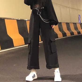 Femei de Moda Pantaloni de Marfă(Cu Curea și Lanț) de sex Feminin coreeană Talie Elastic Buzunar Vrac Streetwear Pantaloni Plus Dimensiune Casual Pantaloni