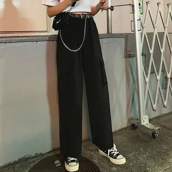 Femei de Moda Pantaloni de Marfă(Cu Curea și Lanț) de sex Feminin coreeană Talie Elastic Buzunar Vrac Streetwear Pantaloni Plus Dimensiune Casual Pantaloni