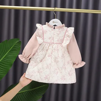 2020 Iarna pentru Copii Fete Dulci Rochie Roz cu Maneci Lungi Imprimate Rochie a-line se Ingroase Cald Rochie de Printesa pentru Copii