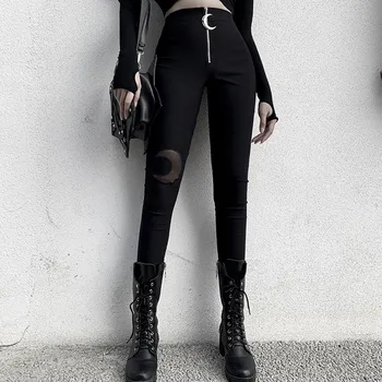 Goth Pantaloni Femei Culoare Solidă Stil Gotic Crescent Colier De Talie Mare Casual Rock Pantaloni De Primăvară Elegant Punk Stradă Pantaloni