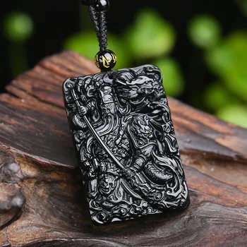 Colier Pandantiv De Piatra Naturala Domnul Guan Yu Negru Obsidian Trecerea De Noroc Și Curaj Amuleta Bijuterii Talisman Protector
