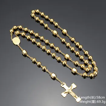 Granny Chic 8mm Ton de Aur Margele Rozariului Link-ul Lanț Colier pentru Femei Barbati Crucifix Isus Pandantiv Cruce Religios Cadouri Bijuterii
