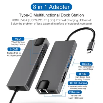8 ÎN 1 de Mare Viteză USB 3.0 HUB USB de Tip C Multi Funcția de Andocare PD Rapid de Încărcare Adaptor de Rețea Ethernet Hub Pentru Macbook Pro
