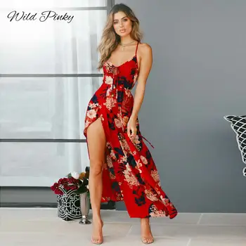 WildPinky 2020 V-Neck Split Rochie Lunga Pentru Femei Floral Print Boho Rochie Maxi De Vara Curele Casual Rochie Talie Mare Vestidos Femme