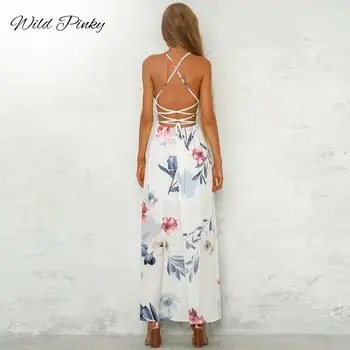 WildPinky 2020 V-Neck Split Rochie Lunga Pentru Femei Floral Print Boho Rochie Maxi De Vara Curele Casual Rochie Talie Mare Vestidos Femme