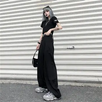 QWEEK Punk Gotice Pantaloni Femei Hip Hop Negru Pantaloni Largi Picior Cu Lanț Hippie Plus Dimensiune Japoneză Streetwear Libere Pantaloni de Marfă