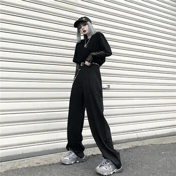 QWEEK Punk Gotice Pantaloni Femei Hip Hop Negru Pantaloni Largi Picior Cu Lanț Hippie Plus Dimensiune Japoneză Streetwear Libere Pantaloni de Marfă