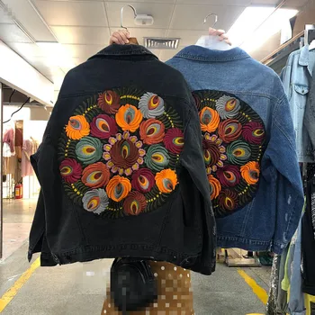 Boho Inspirat Supradimensionate multi florale Brodate Jacheta din Denim cu maneci lungi casual chic haina jacheta femei 2019 noua haina de iarna