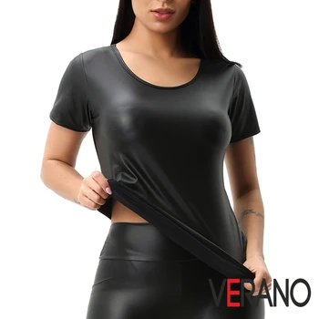 Moda Femei Faux din Piele de Înaltă Calitate T-Shirt cu Maneci Scurte Sexy Negru Casual Ladies Plus Dimensiune Haine de Streetwear Îmbrăcăminte