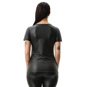 Moda Femei Faux din Piele de Înaltă Calitate T-Shirt cu Maneci Scurte Sexy Negru Casual Ladies Plus Dimensiune Haine de Streetwear Îmbrăcăminte