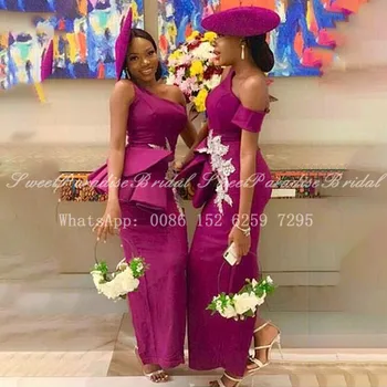 2020 Fuchsia Sirena Rochii Domnișoare De Onoare Cu Aplicatii Peplum Un Umăr De Femei Din Africa De Lungă Petrecere De Nunta Rochie De Bal Vestidos
