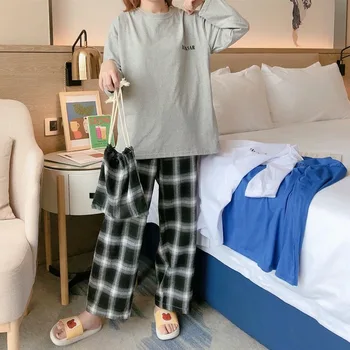 Acasă Haine pentru Femei Sleepwear Set Pantaloni Carouri Scrisoare Solid Top Pijamale pentru Femei Pijamas Mujer Primăvara și Toamna Pijamale Femei