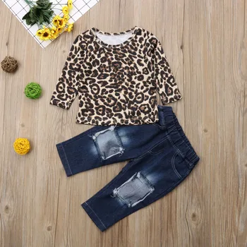 Moda de Cauzalitate Toamna anului Nou Copil Fete pentru Copii Haine 2 BUC Leopard de Imprimare Pulover Maneca Lunga Topuri+Denim Gaură Albastră, Pantaloni