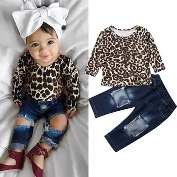Moda de Cauzalitate Toamna anului Nou Copil Fete pentru Copii Haine 2 BUC Leopard de Imprimare Pulover Maneca Lunga Topuri+Denim Gaură Albastră, Pantaloni