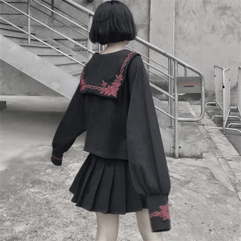Femeie Tricouri Gotic Maneca Lunga de Sus a Crescut Broderie JK Uniformă Harajuku Tricou Vintage Fete Culoare Solidă Fusta și Top Set
