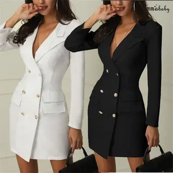 2019 Noua Moda Femei Dublu Breasted Buzunar Sacou De Primavara Toamna Femei Jachete Lungi Elegante Cu Maneca Lunga Blazer Îmbrăcăminte Exterioară