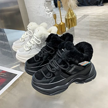 Iarna Cald Negru Femei Adidași de Moda Casual Dantela-UP de Pluș Alb Pantofi 2020 Piele Noua Platforma de Sport Doamnelor Pantofi de Bumbac