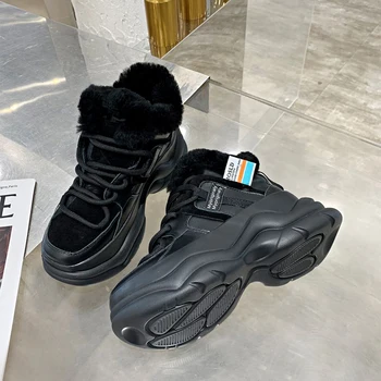 Iarna Cald Negru Femei Adidași de Moda Casual Dantela-UP de Pluș Alb Pantofi 2020 Piele Noua Platforma de Sport Doamnelor Pantofi de Bumbac