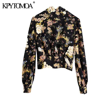 KPYTOMOA Femei 2020 Moda de Imprimare Florale Decupate Bluze Vintage Maneca Lunga Reglabila Legat de sex Feminin Tricouri Blusas Topuri Chic