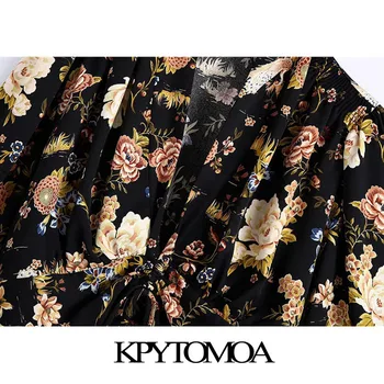 KPYTOMOA Femei 2020 Moda de Imprimare Florale Decupate Bluze Vintage Maneca Lunga Reglabila Legat de sex Feminin Tricouri Blusas Topuri Chic