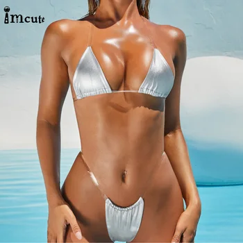 ImCute 2020 Femei 2 BUC de costume de Baie Bikini Set de Trei puncte Split Transparent Curea de Umăr Bikini Aur, Argint Snake Print Bikini