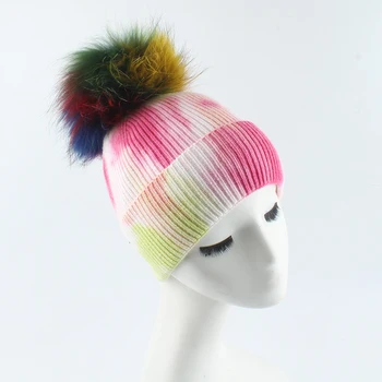 De Iarnă Pentru Femei Brand Pălării Colorate Căciulile Pom Pom Pentru Fete Tie Dye Print Lână Tricotate Pălărie De Moda Casual, Întinat-Pac