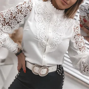 Femei Elegante Office Camasi Cu Maneca Lunga 2021 Primăvară Topuri Subțire Dantelă Bluze Pentru Doamna Gol Afară De Streetwear-Sexy Casual Blusa