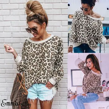 Hirigin De Pe Umăr Tricou Toamna 2018 Nou Brand Femei Leopard De Imprimare Bluza Cu Maneci Lungi Doamnelor Tricou Casual De Vara Topuri Largi