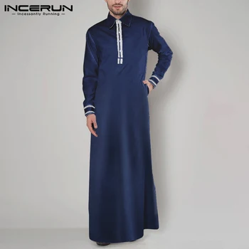 INCERUN Musulman Caftan Bărbați arabe Islamice Halate cu Maneca Lunga Mozaic Turn-down Guler Elegant, Moda Barbati Jubba Echipa Abaya 2021