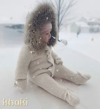 Copil Copil Salopetă De Iarnă Haine Băiat Copil Nou-Născut Fată Pulover Tricotate Salopetă Cu Glugă De Blană Cald Kid Toddler Îmbrăcăminte Exterioară R18