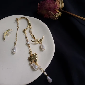 Vintage de Lux Asimetrice Înghiți Modelare Picătură Cercel pentru Femei Delicate Zână Înfrumuseța Perla de Culoare de Aur in Forma de Inima Cercei