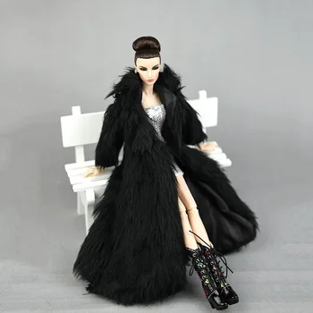Papusa Set De Accesorii De Iarna Foarte Lungă De Blană Haină Neagră Și Argint Rochie Haine De Moda Pentru Barbie Papusa Hanorac Rochie Pentru Papusa 1/6
