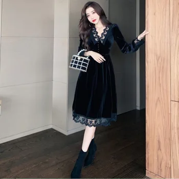 Balck Vintage Rochie Femei, Cu Maneci Lungi Midi Eleganta Din Catifea Rochie De Partid De Sex Feminin Cu Talie Înaltă Îmbrăcăminte Coreeană Toamna Anului 2020 Goth Rochie