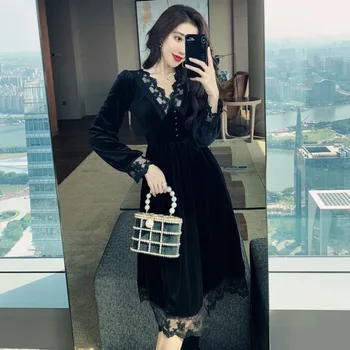 Balck Vintage Rochie Femei, Cu Maneci Lungi Midi Eleganta Din Catifea Rochie De Partid De Sex Feminin Cu Talie Înaltă Îmbrăcăminte Coreeană Toamna Anului 2020 Goth Rochie