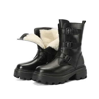 Asumer mai noi lână iarna zapada ghete femei din piele pantofi rotund toe catarama toc pătrat casual pantofi pentru femeie cizme glezna
