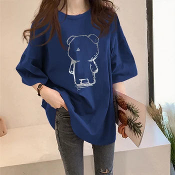 Albastru loose bottom tricou lung cu mânecă scurtă t-shirt femei cu drăguț reflectorizante urs model