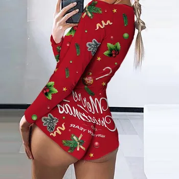 2021 Salopeta Body Femei Crăciun Print cu Maneci Lungi, îmbrăcăminte de noapte Salopeta Body Costum Romper Corpul Mujer женская одежда