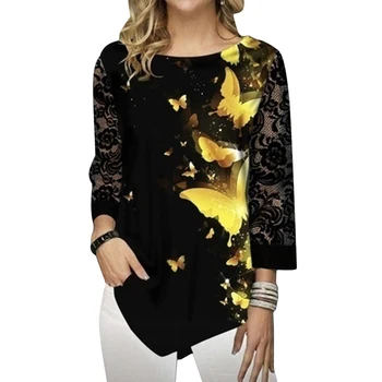 Tricou Bluza Femei Plus Dimensiune 2XL Noi de Moda de Primăvară-Vară de imprimare Topuri Negre Dantela Maneca 3/4 Elasticitatea Femei Tricou Casual