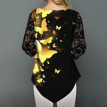 Tricou Bluza Femei Plus Dimensiune 2XL Noi de Moda de Primăvară-Vară de imprimare Topuri Negre Dantela Maneca 3/4 Elasticitatea Femei Tricou Casual