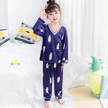 Copii Pijamale pentru Fata Set 2020 Toamna Iarna Fals Mătase Copii Set de Pijamale V-neck Maneca Lunga Băiat Drăguț, Pijamale cu Pantaloni Lungi Acasă