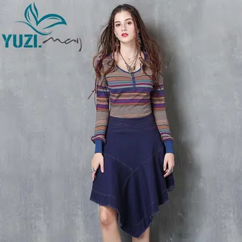 T-shirt Femei 2017 Yuzi.poate Boho Noua Lenjerie de pat din Bumbac Tricou Mânecă Lungă Lanternă O-Gât Vrac Prietenoase cu Pielea Femeilor Tricouri B9222