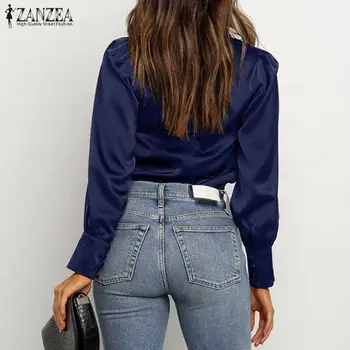 2021 ZANZEA Satin Elegant Tricouri Femei Primavara Bluza cu Maneca Lunga Blusas de sex Feminin Guler Topuri de sex Feminin Tunică Solidă Plus Dimensiune