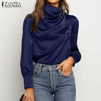 2021 ZANZEA Satin Elegant Tricouri Femei Primavara Bluza cu Maneca Lunga Blusas de sex Feminin Guler Topuri de sex Feminin Tunică Solidă Plus Dimensiune