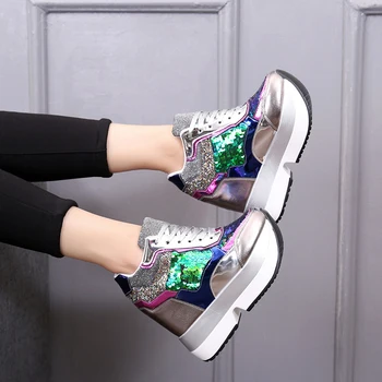 De primăvară de Înaltă Cizme cu Platforma 12CM Femeile cu Toc Gros Pantofi Unic Sequin Piele Pană Adidași Impermeabil Respirabil Pantofi Casual