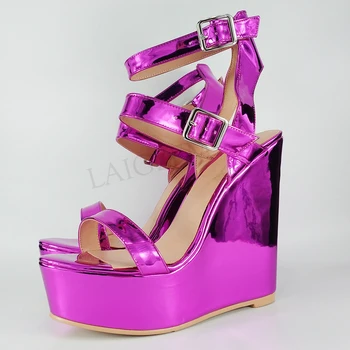 LAIGZEM Femei Sandale Wedges Platforma Tocuri Sandale Strălucitoare Violet Pantofi Femei Casual Sexy Sandalia Zapato de Mari Dimensiuni 50 51 52