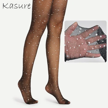 KASURE Noua Moda Înstelat Steaua Femei Pur Negru Micro Mesh Legging Transparent Imprimat Stele Dresuri cu Model Pentru Tanara